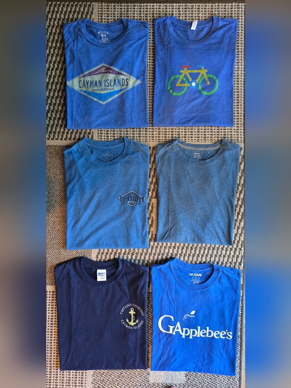 Lot of 6 Blue Graphic Tees - Cayman, Bicycle & Applebee's
